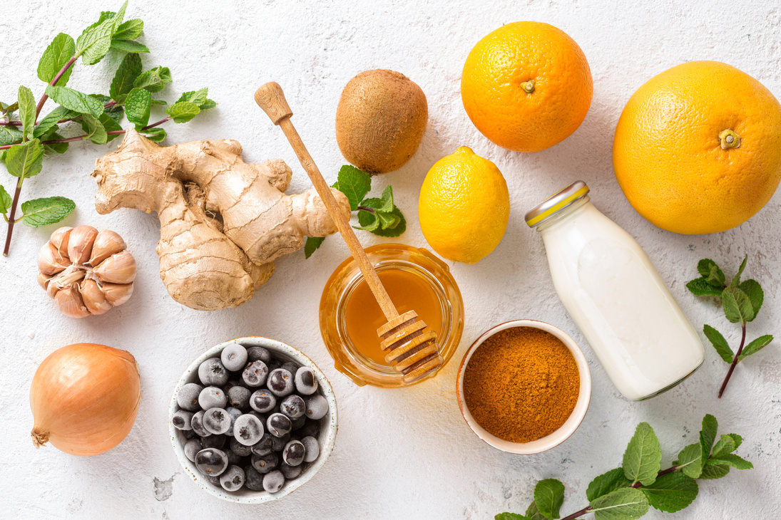 Healthy products for Immunity boosting top view. Vegetables and fruits to boost immune system